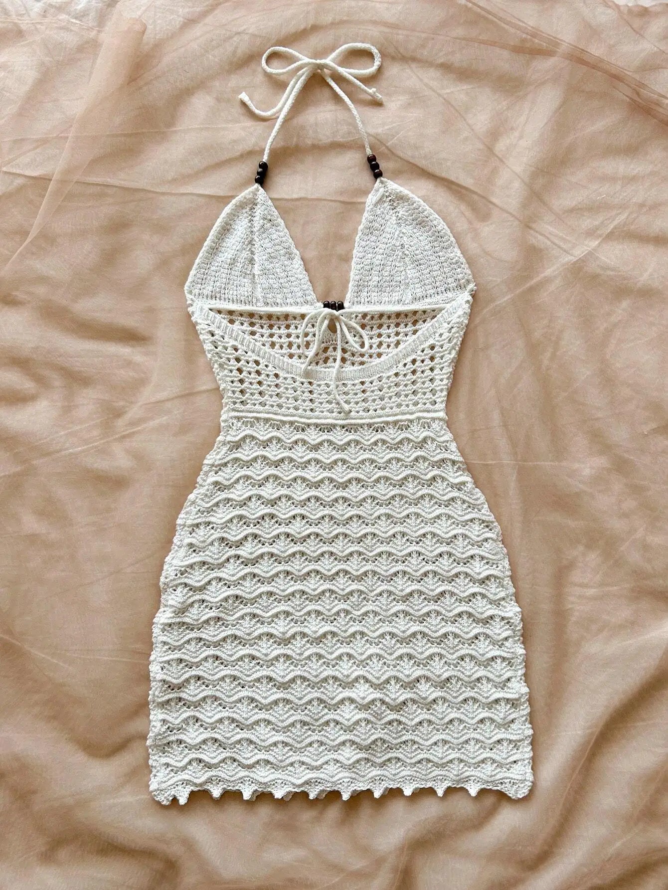 Summer sexy V-neck hollowed out wooden bead slim fit dress with vacation straps and strapless gradient color knitted dress