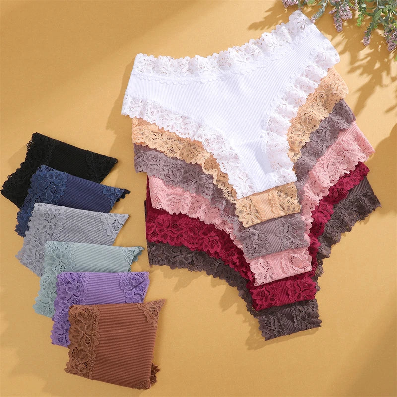 4PCS/Set Cotton Floral Lace Underpants for Women Sexy Striped Low-Waist Panties Girls Comfortable Briefs Trendy T-back Lingerie