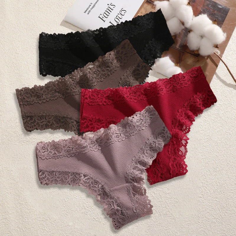 4PCS/Set Cotton Floral Lace Underpants for Women Sexy Striped Low-Waist Panties Girls Comfortable Briefs Trendy T-back Lingerie