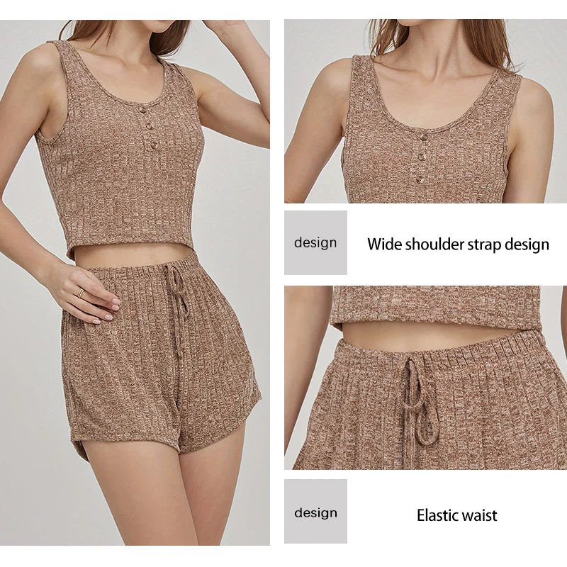 Summer Two-Piece Sleeveless Ribbed Knit Vest with Front Button Paired with Shorts Women's Khaki Color Home Pajama Set