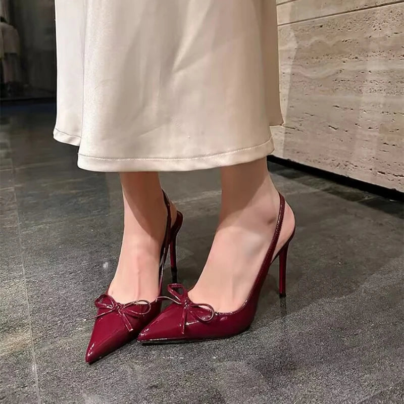 Luxury Patent Leather Women's High Heels 2026 Summer New Style Bow-tie Pointed Toe Sandals Sexy Striptease Party High Heels