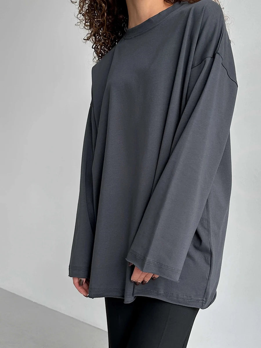 Blubelle Women Autumn 100% Cotton T-shirt Bottoming Spring Basic Fashionable Solid Lady Long Sleeve Loose Tops Shirts