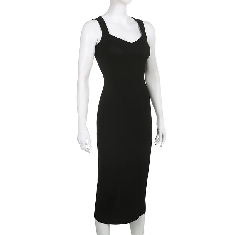 Myufon Basic Knit Long Dress Korean Fashion Square Collar Sleeveless Women's Dresses Summer Casual Y2k Vintage All-match Outftis