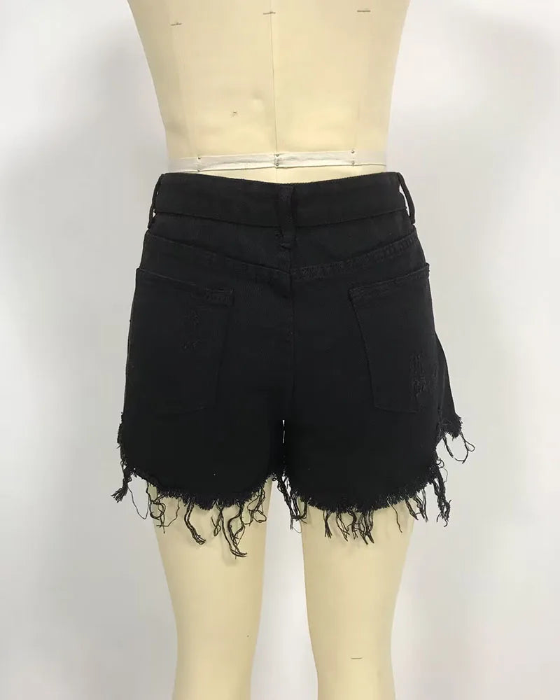 DongCMY Europe and the United States retro classic side slit slit slit cat claws high waist fringe denim shorts hot