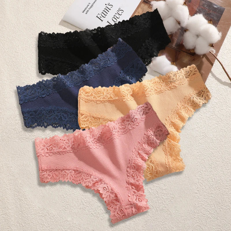 4PCS/Set Cotton Floral Lace Underpants for Women Sexy Striped Low-Waist Panties Girls Comfortable Briefs Trendy T-back Lingerie