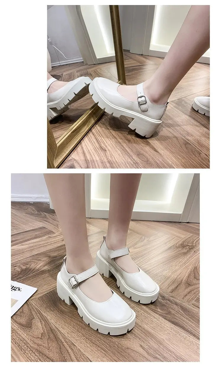 Lolita Shoes Japanese Girl Platform Black high heels fashion Round Toe Mary Jane Women Patent faux Leather Student Cosplay Shoes