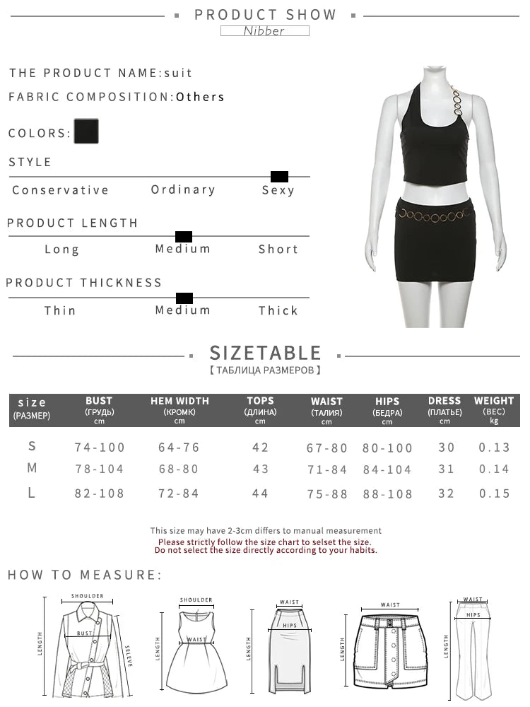 Nibber Metal Buckle 2 Piece Set Women Summer Halter Irregular Classic Tops+Skirts Skinny Solid Midnight Party Matching Suits