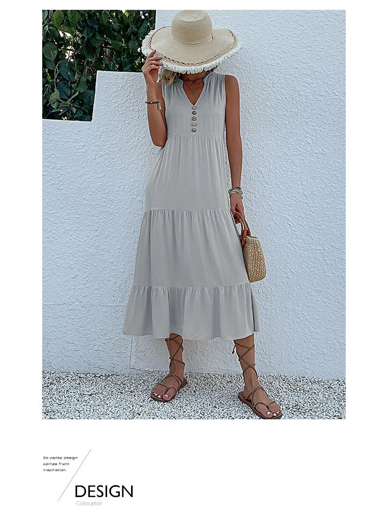 Casual Summer Midi Dress Women Sleeveless Tank V Neck Buttons Ruffle Loose Dresses Beach Soild Sundress Fashion