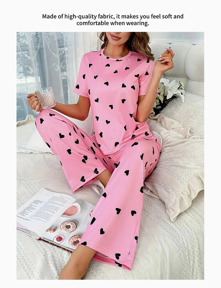 Women Summer Sleepwear Heart Print Pajama Set Short Sleeve Top and Elastic Waistband Pants for Comfortable Sleep and Lounging