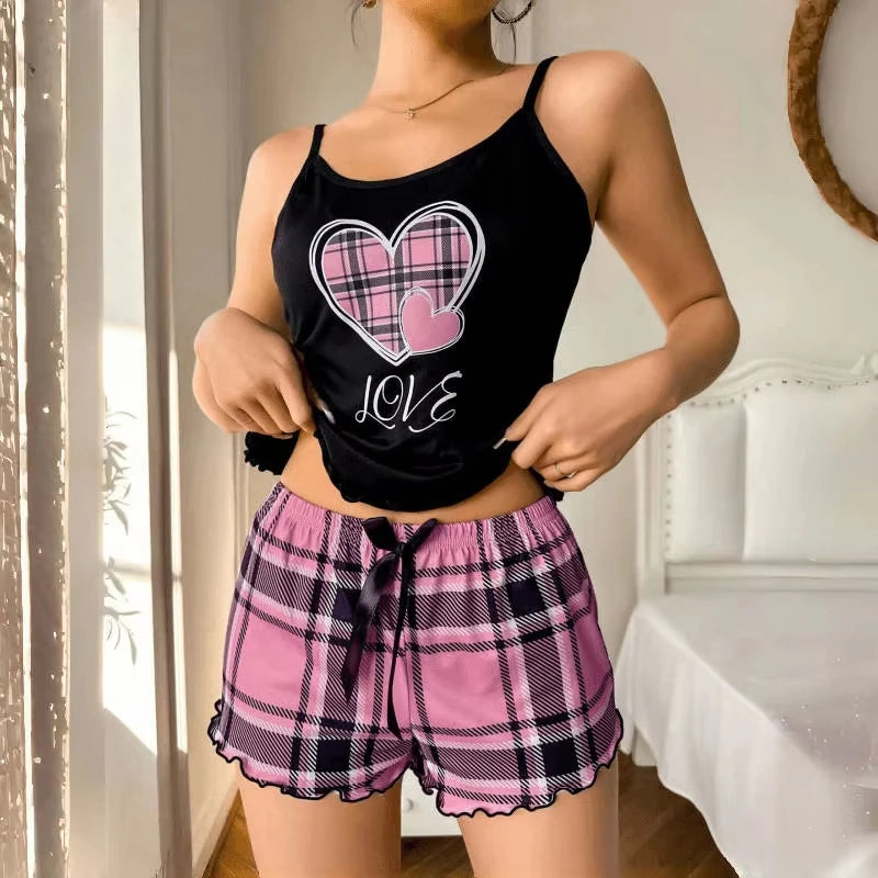 Sexy Nightwear Women's Suspenders Top Plaid Pants Fashion Sleepwear Homewear Two-Piece Set Ladies Pajamas Love Print Loungewear