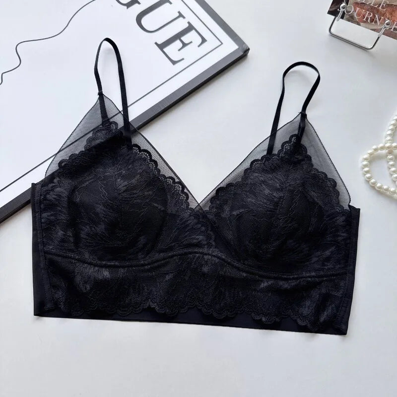 Sexy Lace Shell Cup Bra Deep V Backless Halter Side Buckle Soft Support Seamless Beauty Back Thin Women Underwear 32-38 S-XL