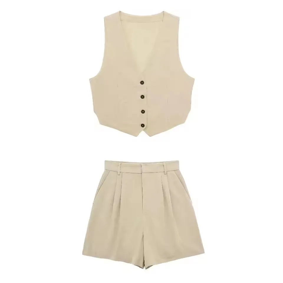 HH Women 2 Piece Vest Shorts Set V Neck Button Waistcoat High Waist Pleated Shorts Office Lady Casual Business Solid Suit