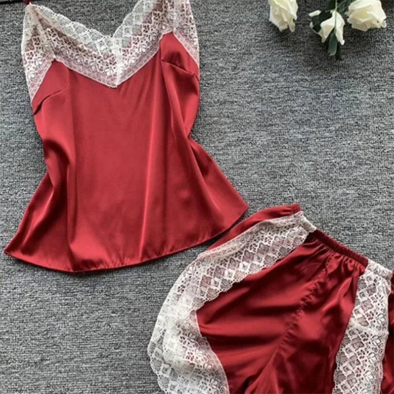 Sexy Lace Splicing Suspender Loose Shorts Two-Piece Pajama Set For Women
