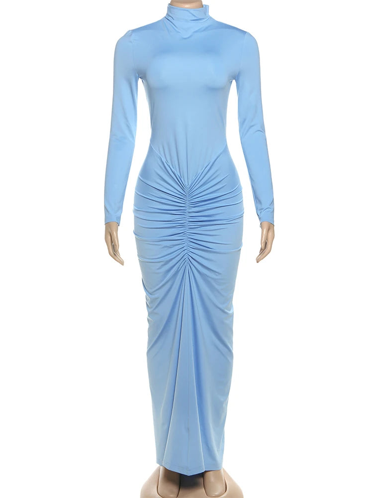 Sisterlinda Autumn New Style Long Dress Woman Turtleneck Full Sleeve Skinny High Stretch Daily Casual Fashion Elegant Vestidos