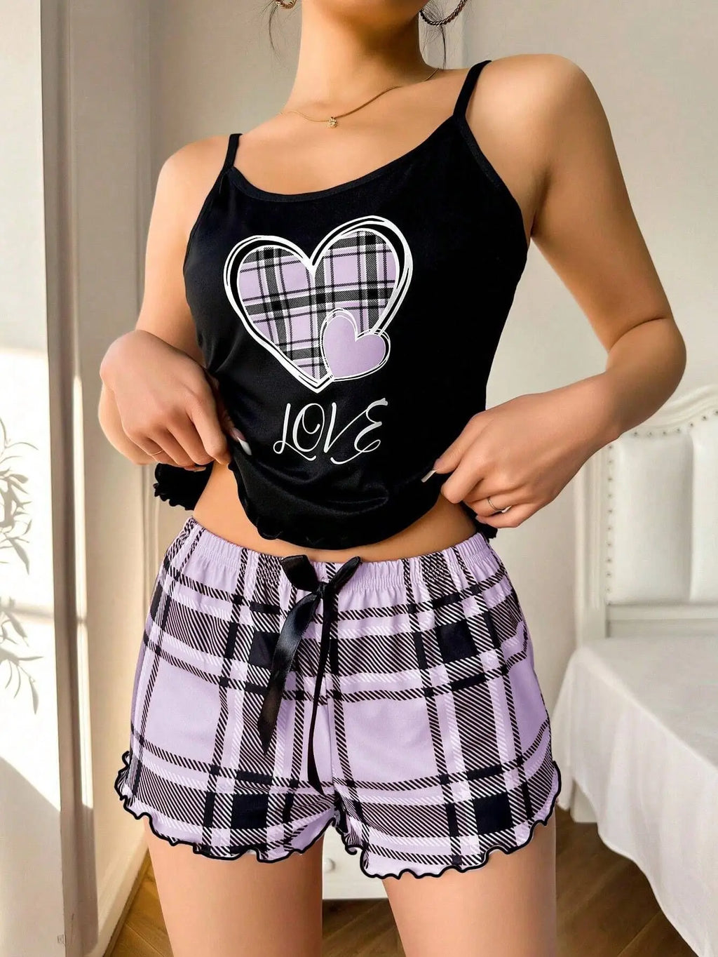 Sexy Nightwear Women's Suspenders Top Plaid Pants Fashion Sleepwear Homewear Two-Piece Set Ladies Pajamas Love Print Loungewear