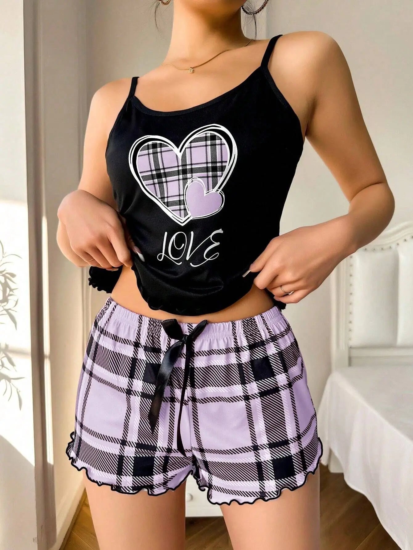 Sexy Nightwear Women's Suspenders Top Plaid Pants Fashion Sleepwear Homewear Two-Piece Set Ladies Pajamas Love Print Loungewear