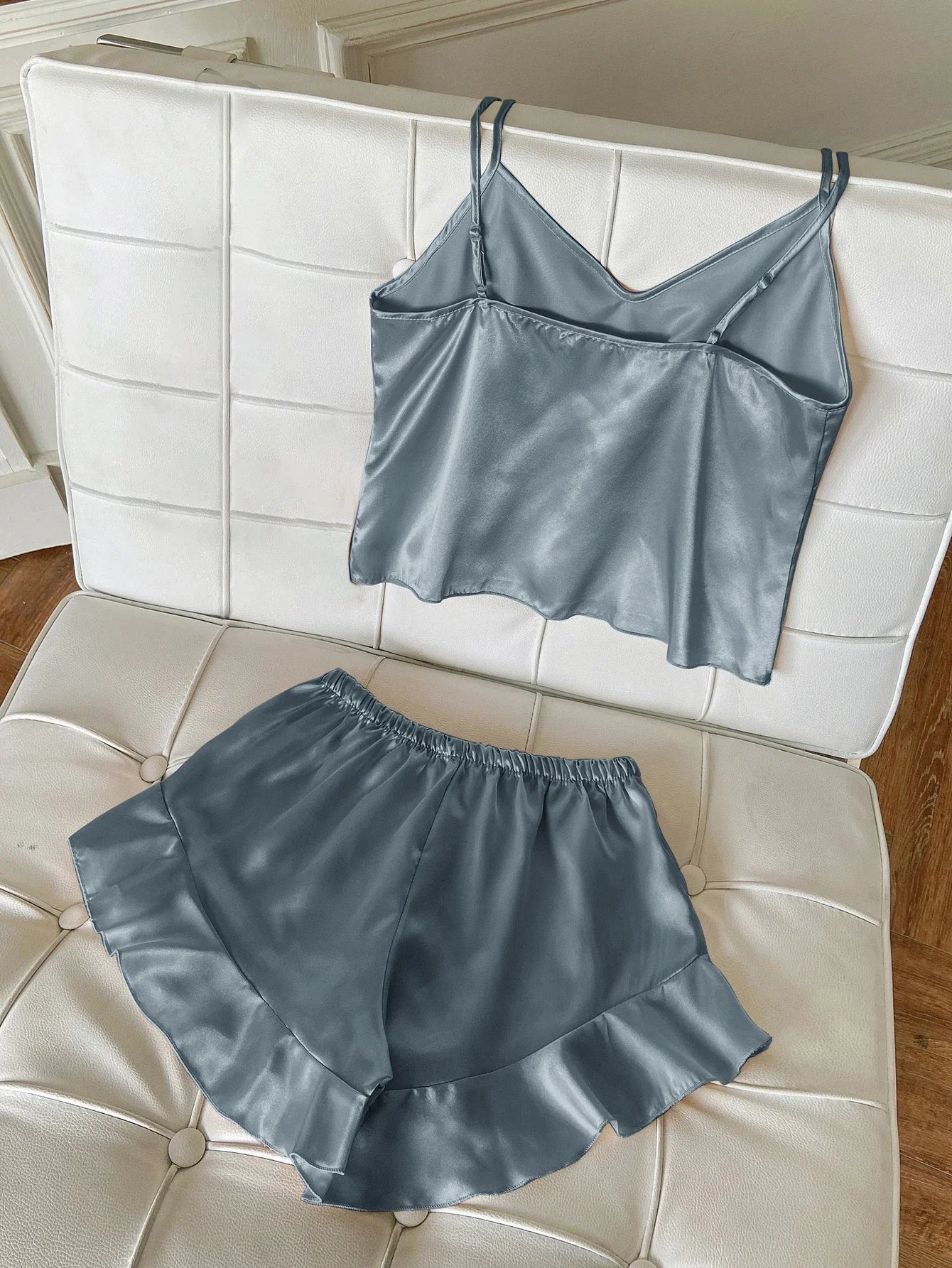 Solid Satin Pajama Set V Neck Cami Top Ruffle Shorts Women's Sleepwear Loungewear