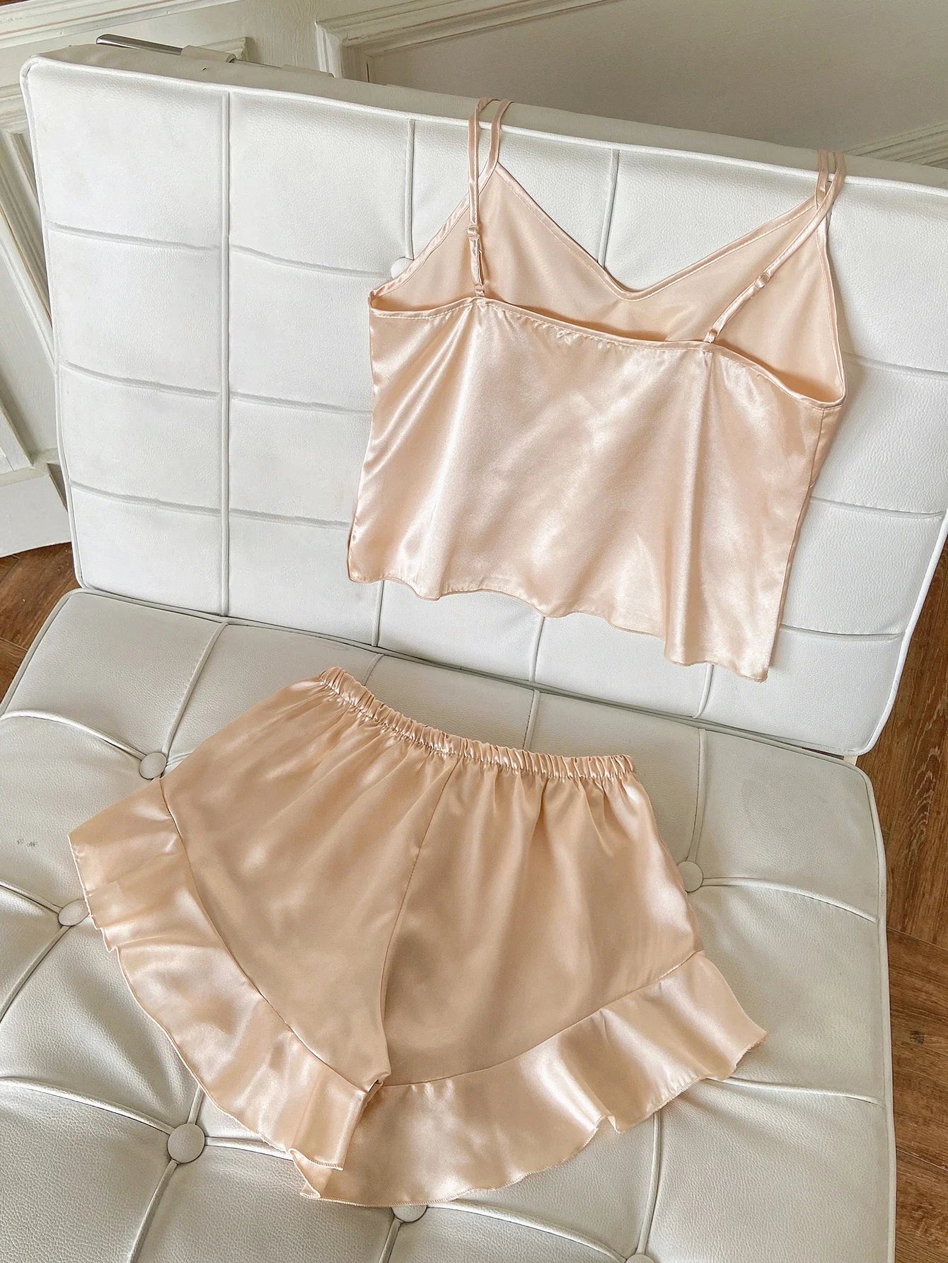 Solid Satin Pajama Set V Neck Cami Top Ruffle Shorts Women's Sleepwear Loungewear