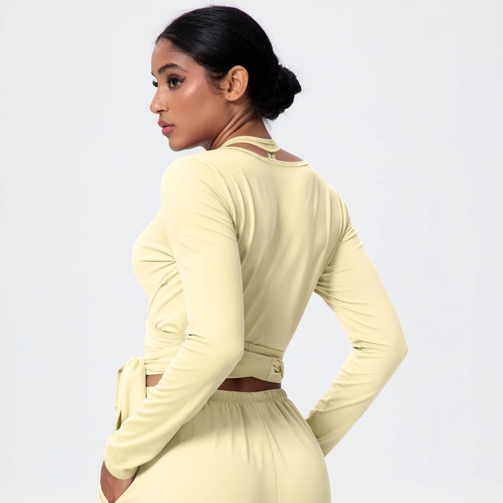 Women Slim Breathable Sports Top Women Active Wear Sports Yoga Long Sleeved Solid Color Running Shirts Straps Design Yoga Top