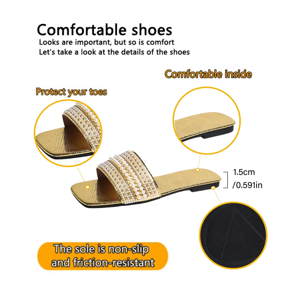 Luxury Design Pearls Beaded Flat Sandals Women Summer 2026 Comfortable Soft Sole Square Toe Slippers Women Beach Non Slip Slides