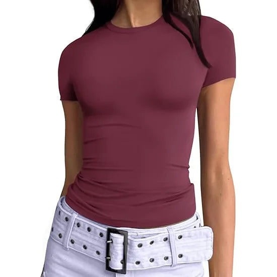 1pcs Women's Sport T-shirt Girl Solid Basic Fitness Running Yoga Tees Lady Short Sleeve Slim Sexy Round Neck Casual Shirts Tops