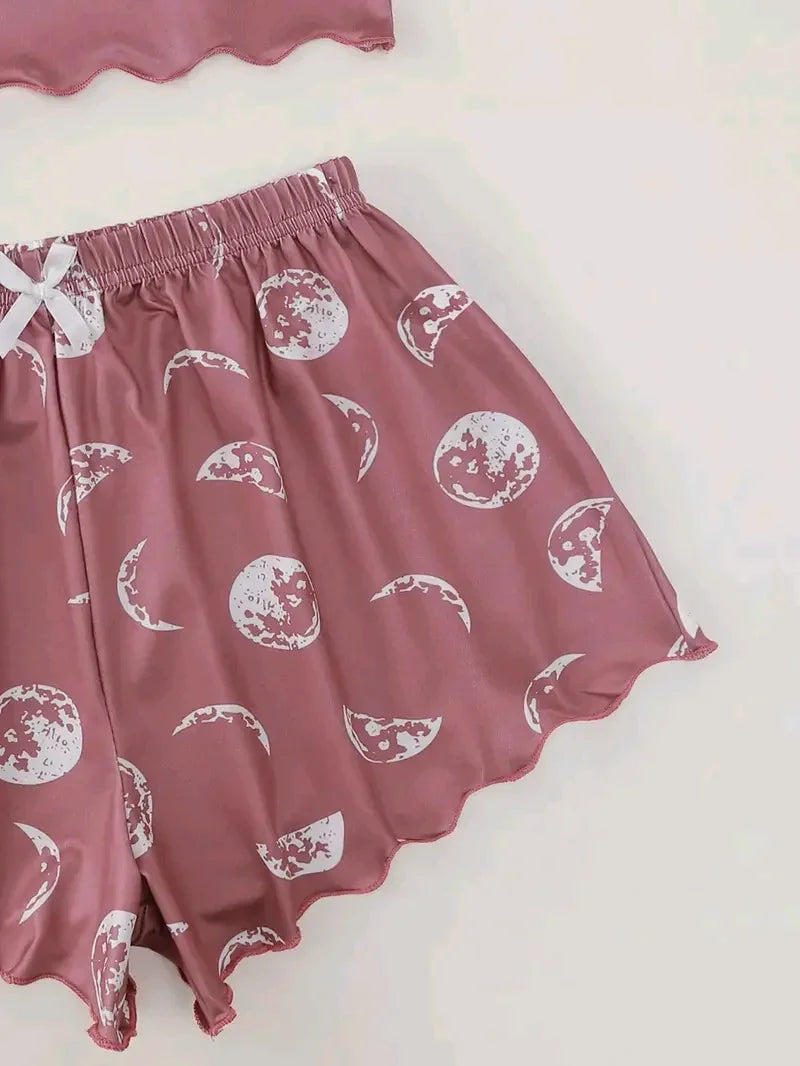Women Pajamas Sleepwear Pajama Set Sports Camisole and Shorts Pink Black Moon and Planet Print Summer Comfortable Casual Suit