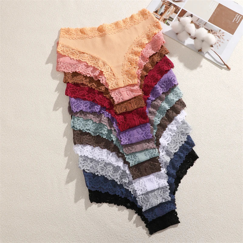 4PCS/Set Cotton Floral Lace Underpants for Women Sexy Striped Low-Waist Panties Girls Comfortable Briefs Trendy T-back Lingerie