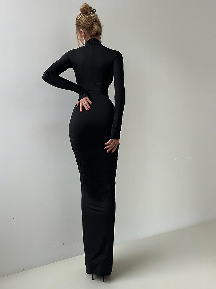 Sisterlinda Autumn New Style Long Dress Woman Turtleneck Full Sleeve Skinny High Stretch Daily Casual Fashion Elegant Vestidos
