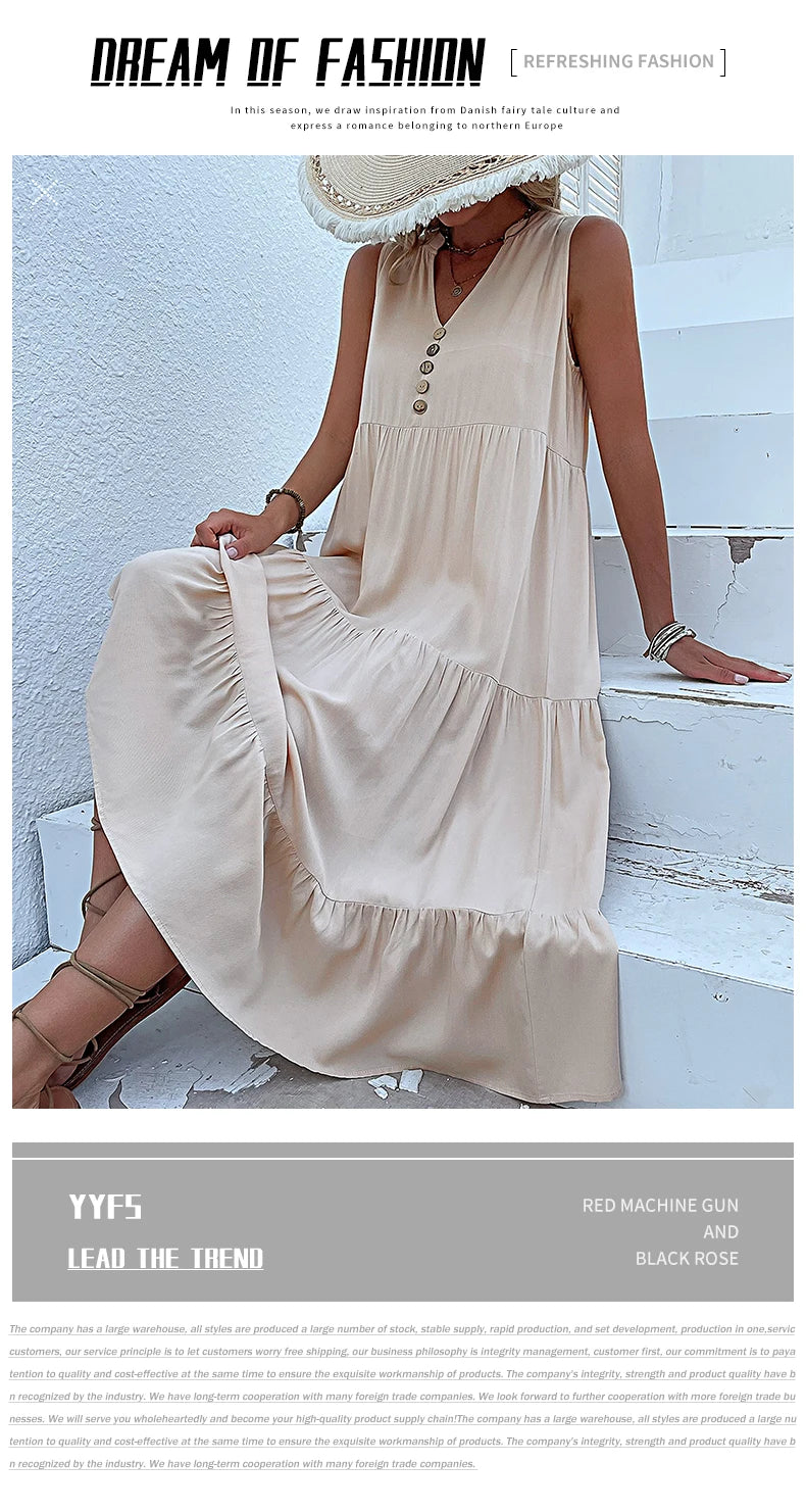 Casual Summer Midi Dress Women Sleeveless Tank V Neck Buttons Ruffle Loose Dresses Beach Soild Sundress Fashion