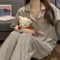 2PCS/Set Women's Long Sleeve Loose Breathable Student Sleepwear Loungewear Cardigan Gray Striped Girl Fashion Pajamas Homewear