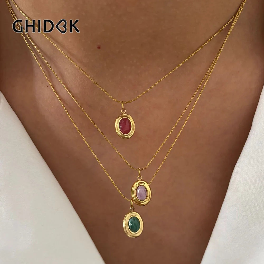 GHIDBK Fashionable Stainless Steel Natural Stone Pendant Necklace Gold-Plated Women's Party Dailys Versatile Jewelry Gifts