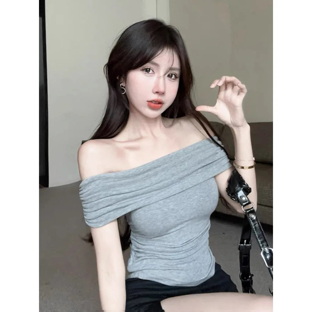 1pcs Girls Off-Shoulder T-shirt Women's Basic Fashion Tee Solid Ladys Short Sleeve Slim Tops Females Sexy Tshirts