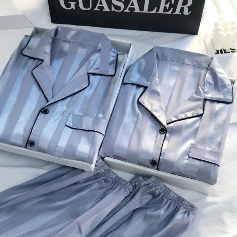 1 Set Women's Elegant Lounge Set Plus Size Satin Striped Button Up Short  Sleeve Shirt & Pants Pajamas