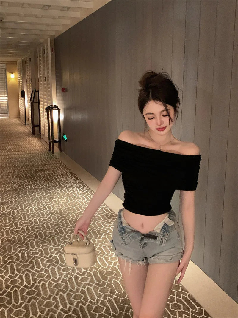 1pcs Girls Off-Shoulder T-shirt Women's Basic Fashion Tee Solid Ladys Short Sleeve Slim Tops Females Sexy Tshirts