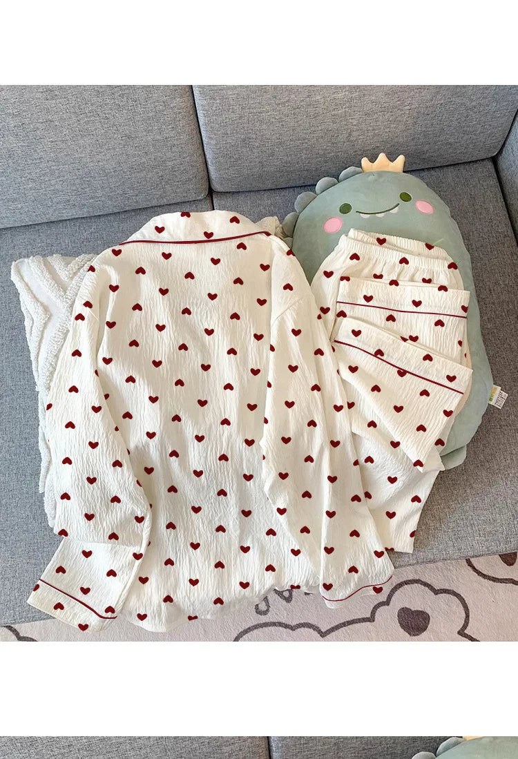 Spring and Autumn New Women's Pajamas Loungewear Set Girl Love Cardigan Pajamas Crinkled Fabric Loungewear Long Sleeve Set