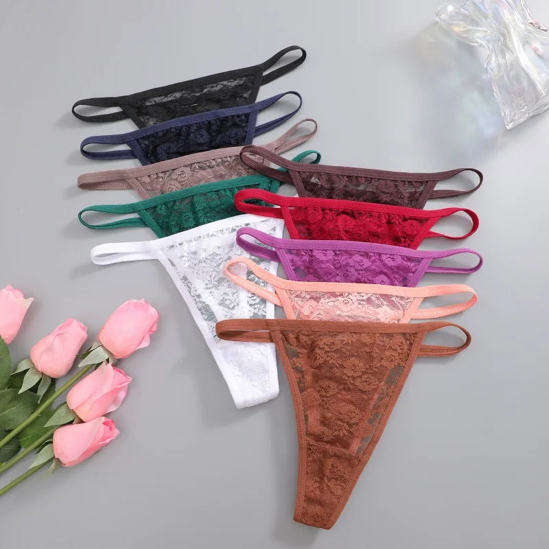 FINETOO 9Pcs Perspective T-Back Thongs Women Sexy Low Rise G-Strings Breathable Underpants Female Lace Floral Intimates Lingerie