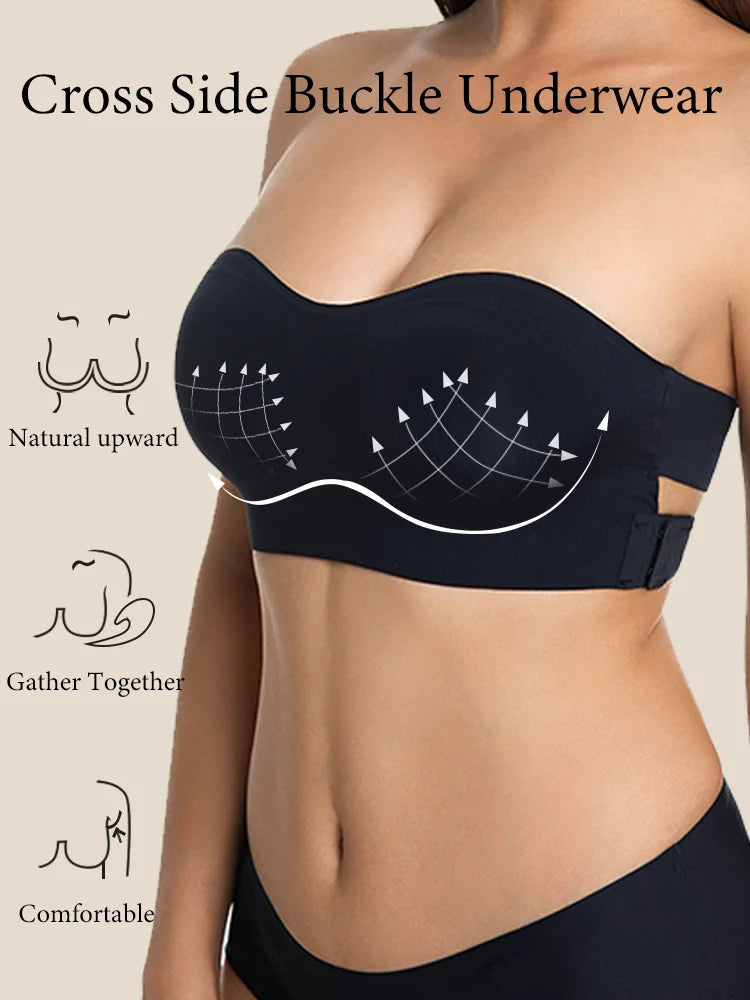 Female Removable Padded Soft Ice Silk Traceless Brasseries Wire Free Side Buckle Bra For Women Invisible Strapless Push Up Bras