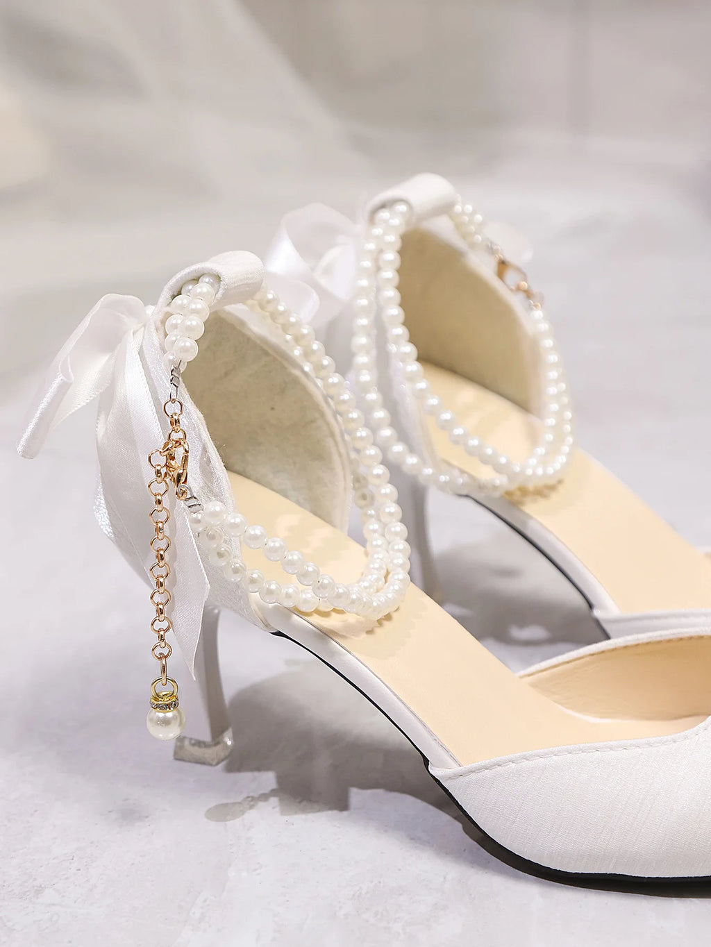 Pointed Toe Pearl Ankle Strap High Heels Pumps Women White Satin Bowknot Banquet Party Shoes Woman Elegant Stiletto Heeled Pumps