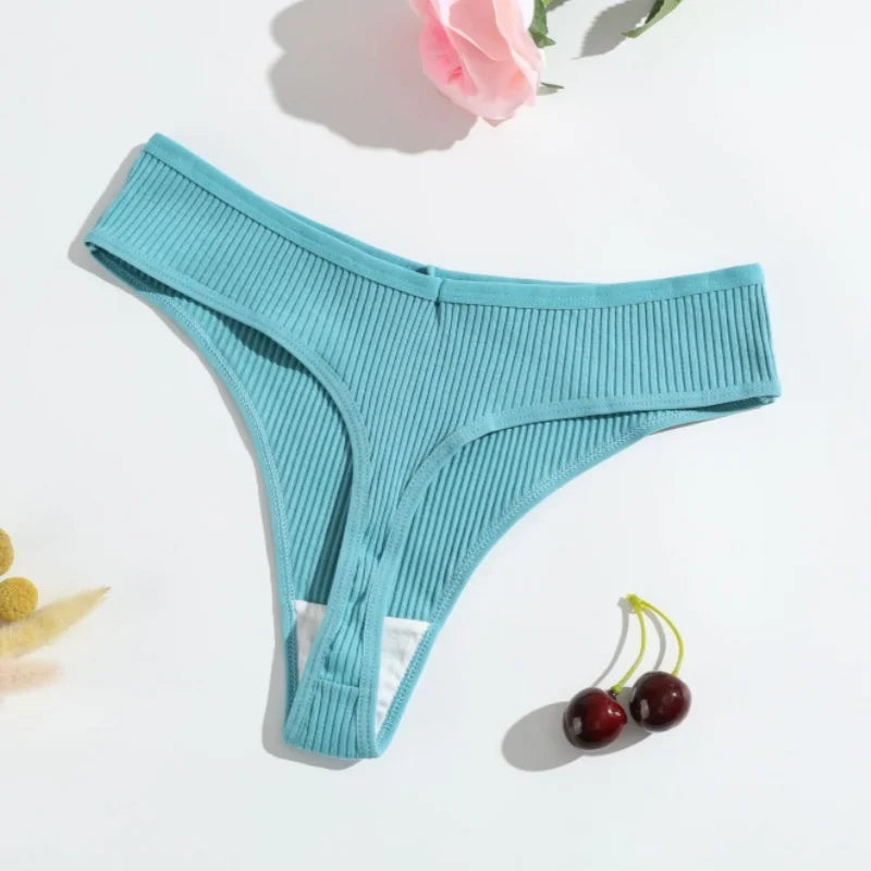 6Pcs/Set Women Cotton Thongs Female Ribbed Panties Low Rise G-String Sexy Underwear Solid Color Bikini Soft S-XL Intimates