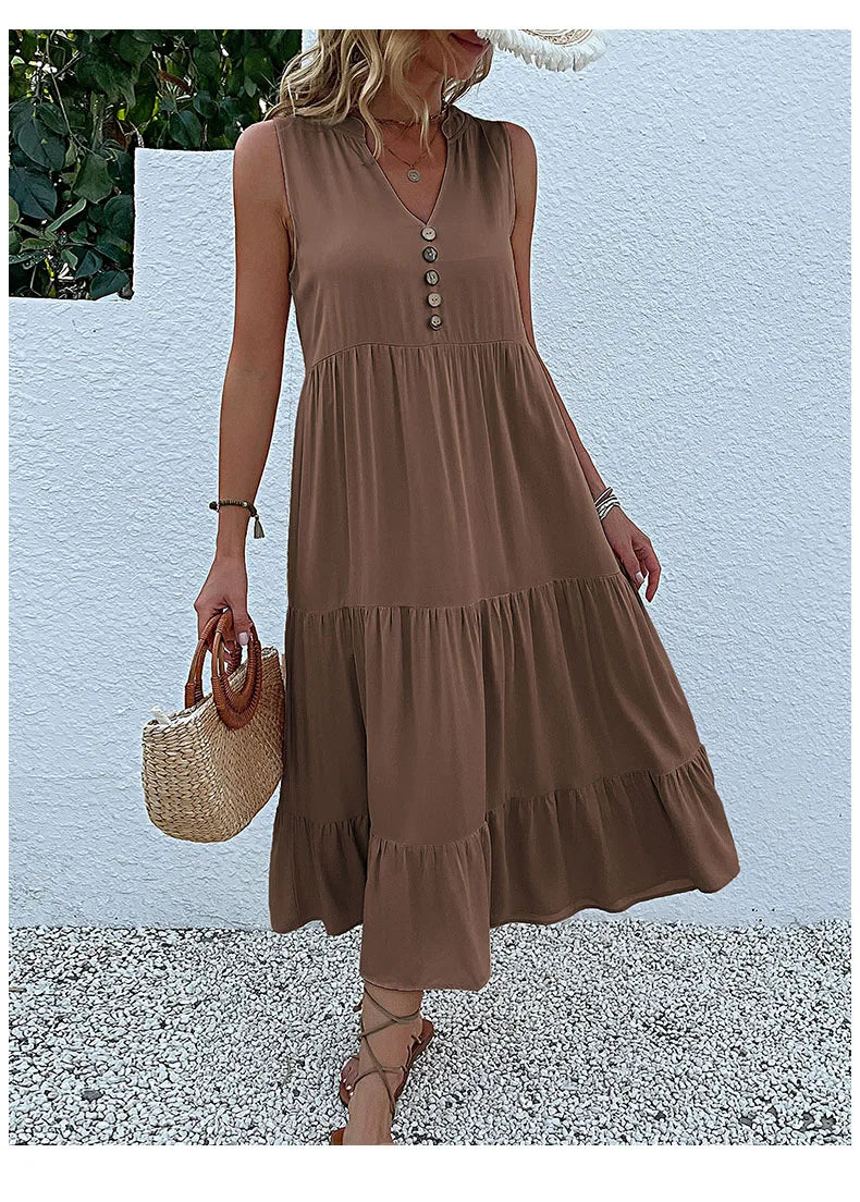 Casual Summer Midi Dress Women Sleeveless Tank V Neck Buttons Ruffle Loose Dresses Beach Soild Sundress Fashion