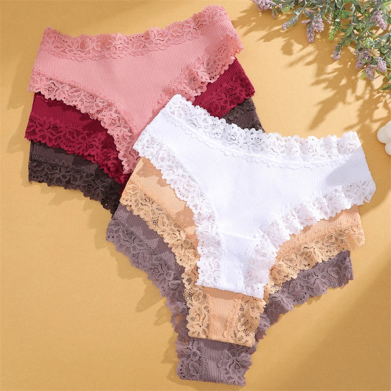 4PCS/Set Cotton Floral Lace Underpants for Women Sexy Striped Low-Waist Panties Girls Comfortable Briefs Trendy T-back Lingerie