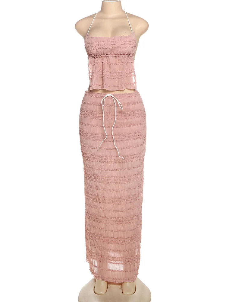 Weird Puss Mesh Backless 2 Piece Set Women Halter Lace-Up See Through Crop Tops+Loose Elegant Long Skirts Vacation Trend Outfits