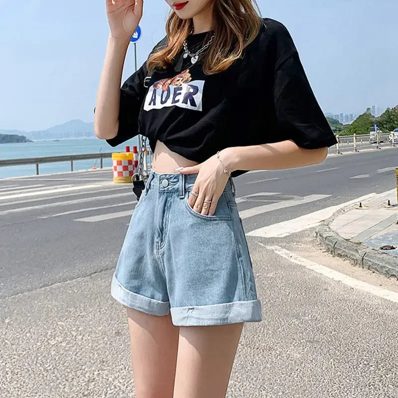2026 Summer Women Denim Shorts High Waist Blue Cotton Wide-leg Short Pants Girl's Student Mini Korean Fashion Womens Jean Shorts