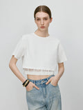 FSLE 【Premium Series】Waist-cropped Lace-spliced Fashion  T-shirt for Women Chic Blouse 2025 Summer New Arrival 25FE12023