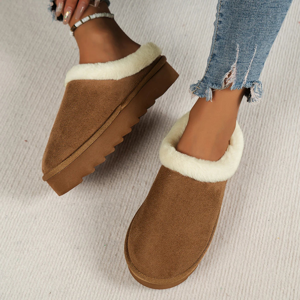 Winter fashion women's fluffy thick-soled casual shoes, thick-soled indoor anti-slip and warm with fur lining