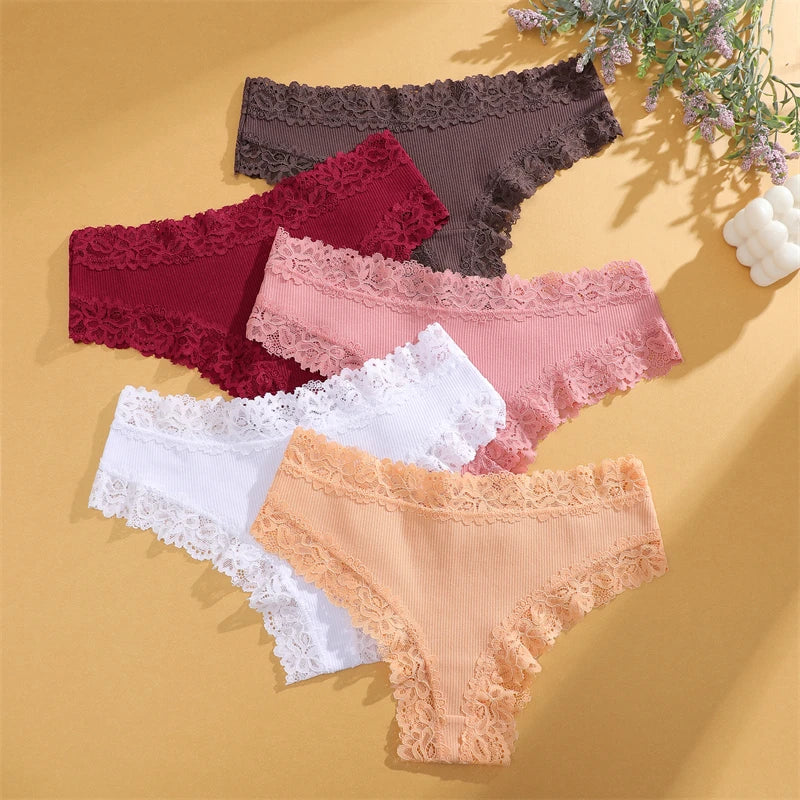 4PCS/Set Cotton Floral Lace Underpants for Women Sexy Striped Low-Waist Panties Girls Comfortable Briefs Trendy T-back Lingerie