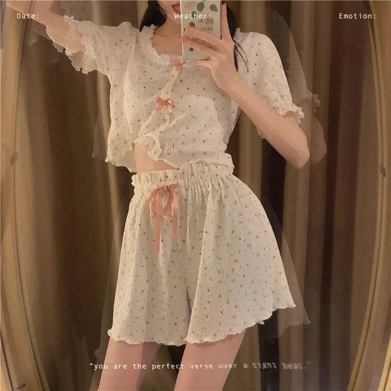 Summer Gilrs Two Pieces Short Sleeve Pajamas Thin Sweet Flower Elastic Waist Homewear Set Loose Soft Adjustable O-Neck With Bow