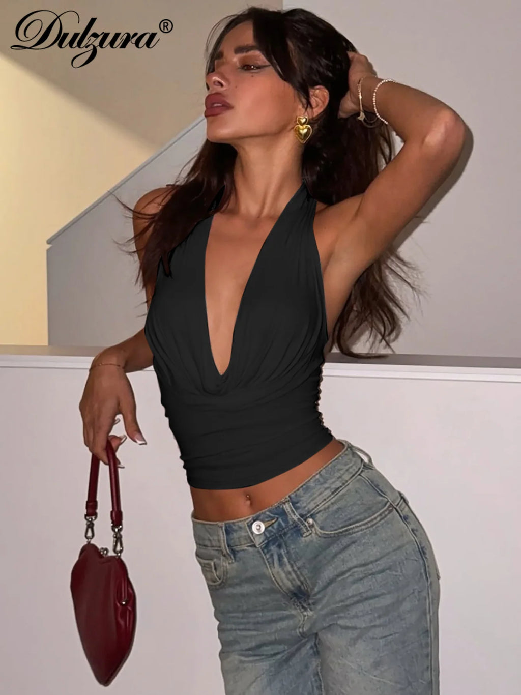 Dulzura Halter Swinging Collar Sleeveless Backless Bodycon Tank Top Solid Sexy Casual Y2K Tops Party Club Street Summer Clothes