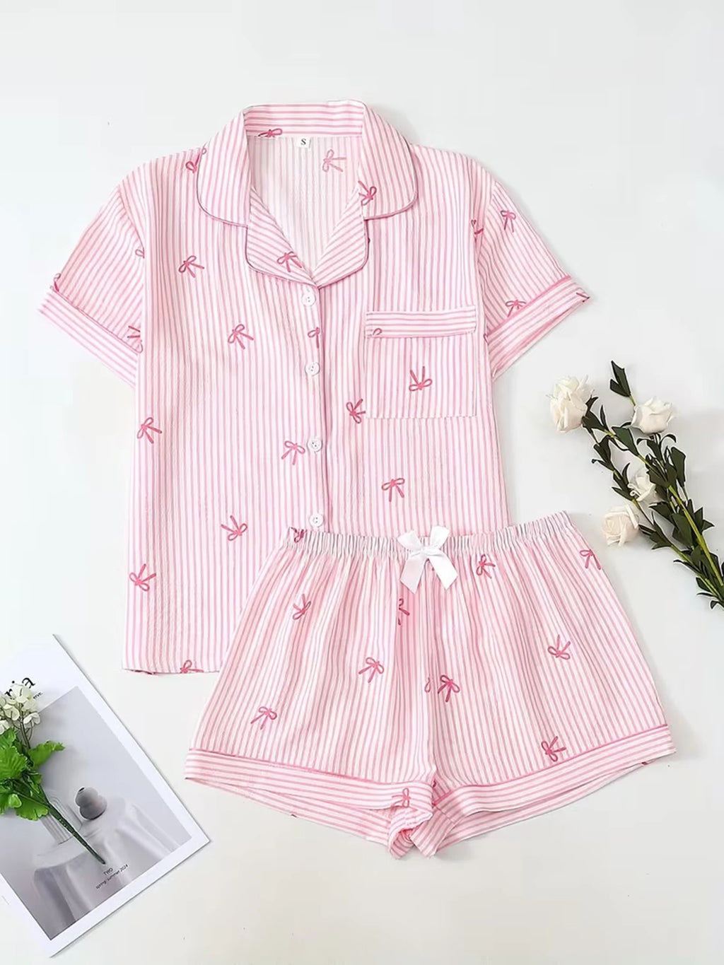 Women Pajamas Cardigan Lapel Short Sleeve Shorts Two Piece Set Loungewear Spring Summer Sweet Pink Base Pink Bow Stripe Loose Co