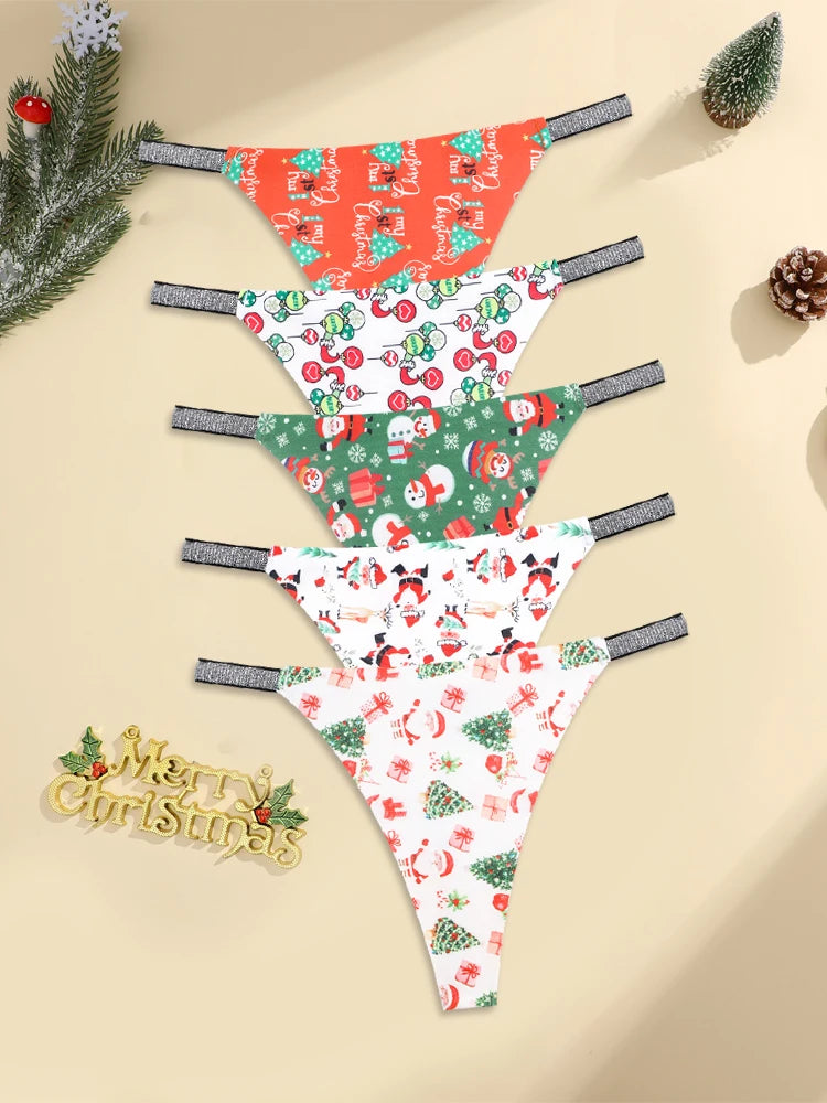 5PCS/Lot Seamless Ice Silk Thongs Women's Christmas Theme Underwear Sexy Rhinestone Waist Panties Santa Claus Printed Lingerie